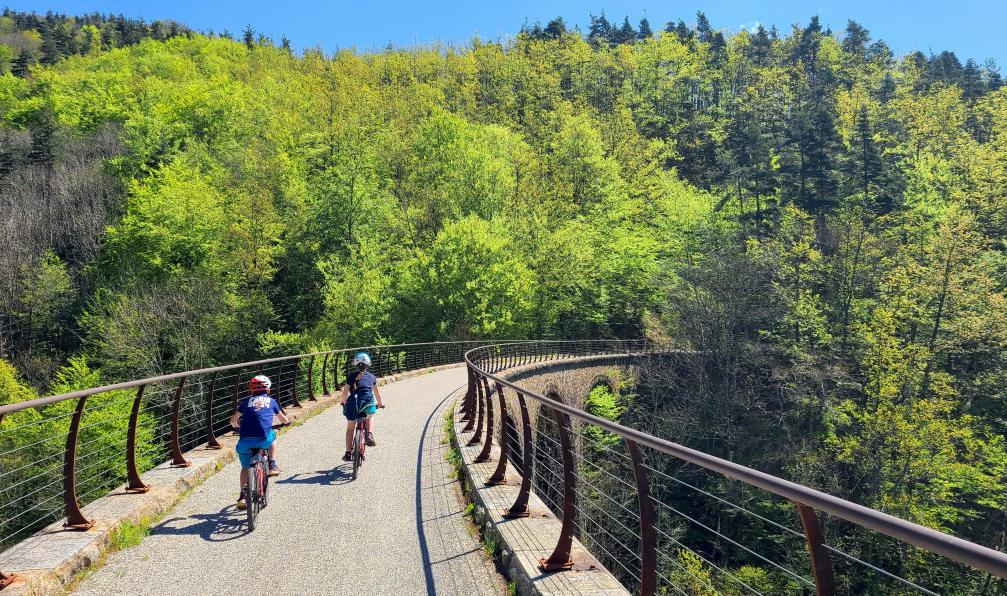 Aurélie Mansiot - Enfants à vélo, sur un pont en pierre avant une forêt, durant un voyage en famille sur la via dolce, Massif central, Ardèche, France - La Dolce Via à vélo en famille - 2