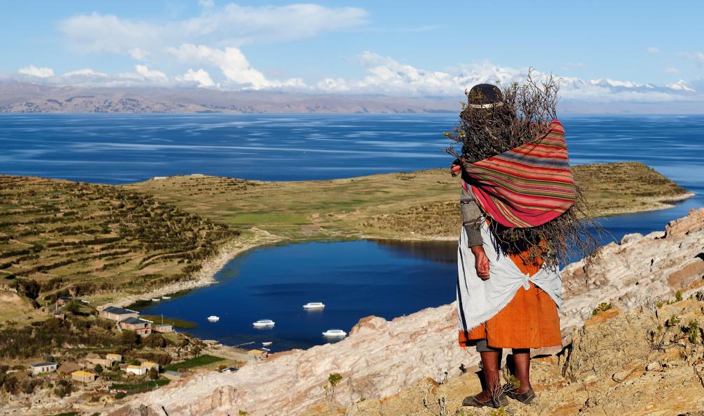 Rafal Cichawa  -  Shutterstock -  Femme devant le lac Titicaca - Cordillère Royale et Illimani (6439 m) - 2