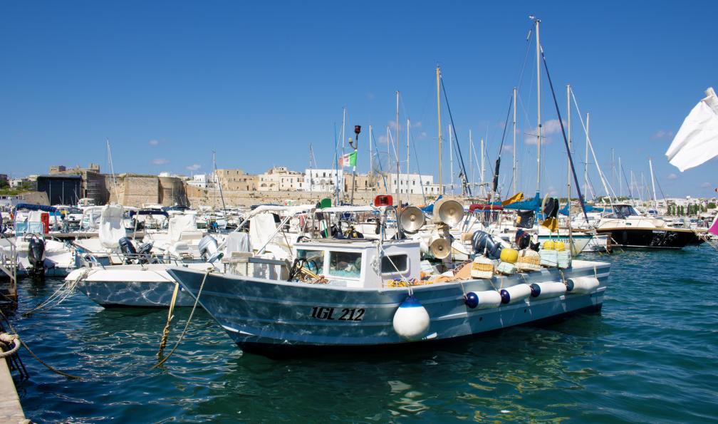Garioud - Nadège - Bateau de pêche dans le port d'Otranto, la vieille ville en toile de fond, Pouilles, Italie - Villages et splendeurs des Pouilles - 6