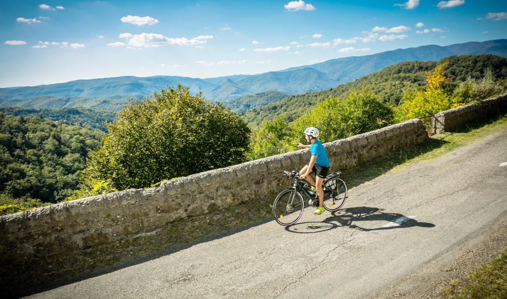 Hervé Leclair  - Asphérie - Cycliste admirant la vue, Cévenens, France - Cévennes et Gorges du Tarn à vélo - 4