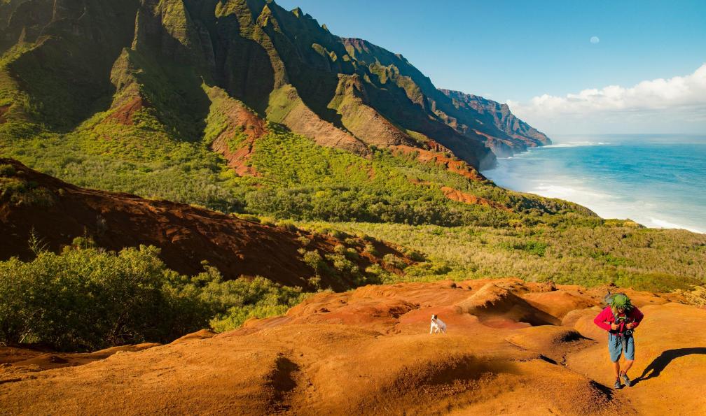 Bonnardeaux - Alain - Unsplash - Randonneur à Kalalau avec la côte et l'océan derrière lui, Hawaï - Hawaii, les montagnes de feu - 8