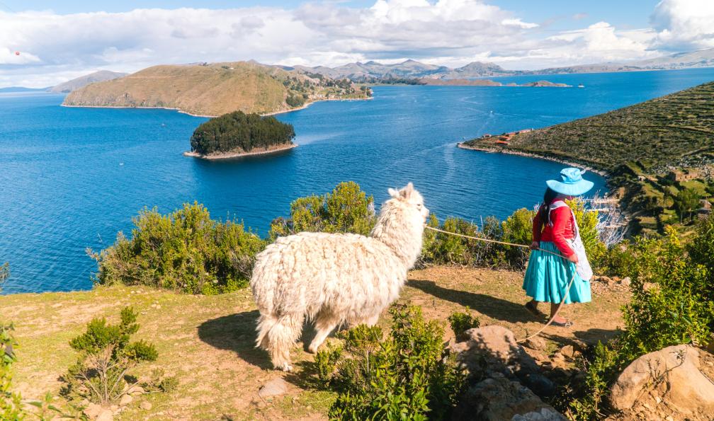 Travels - Jam - Adobe stock - Femme marchant avec son lama et llama sur l'île d'Isla del Sol, Bolivie - De la cordillère Royale au Sud-Lípez - 2