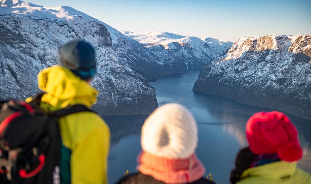 norwaysbest.com / Sverre Hjørnevik - Norway's Best AS - Groupe de randonneurs contemplant le fjord en hiver, Norvège - Découverte hivernale des fjords norvégiens - 6