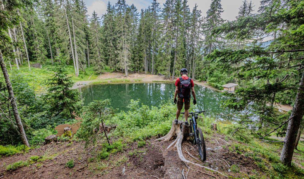 Grez - Nacho - Cycliste devant un lac sur le circuit entre le lac d'Annecy et Chamonix à vélo, Alpes, France - Du lac d'Annecy à Chamonix à VTT - 9