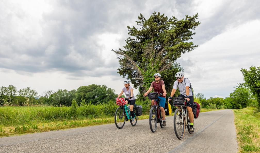 Grez - Nacho - Trois personnes à vélo sur une petite route du Lubéron Provence - Les charmes du Luberon à vélo - 6