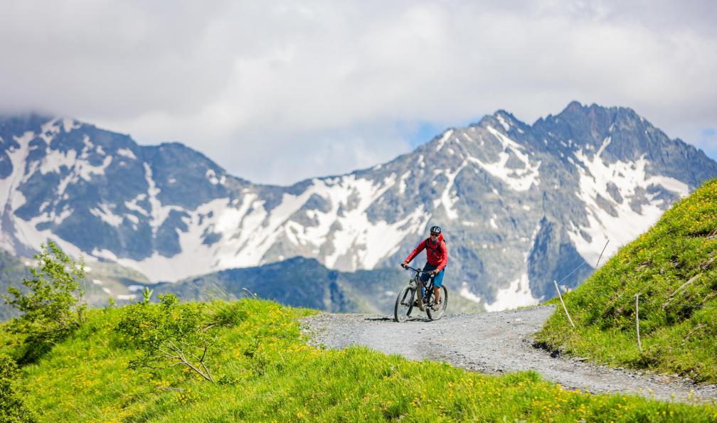 Grez - Nacho - Cycliste devant les sommets entre Annecy et Chamonix, Alpes, FRance - Du lac d'Annecy à Chamonix à VTT - 6