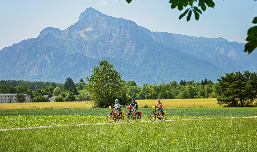Eurobike - Famille en vélo sur une piste cyclable à travers les plaines avec vue sur les montagnes, Autriche - Vélo en famille au coeur des lacs de Salzbourg - 3