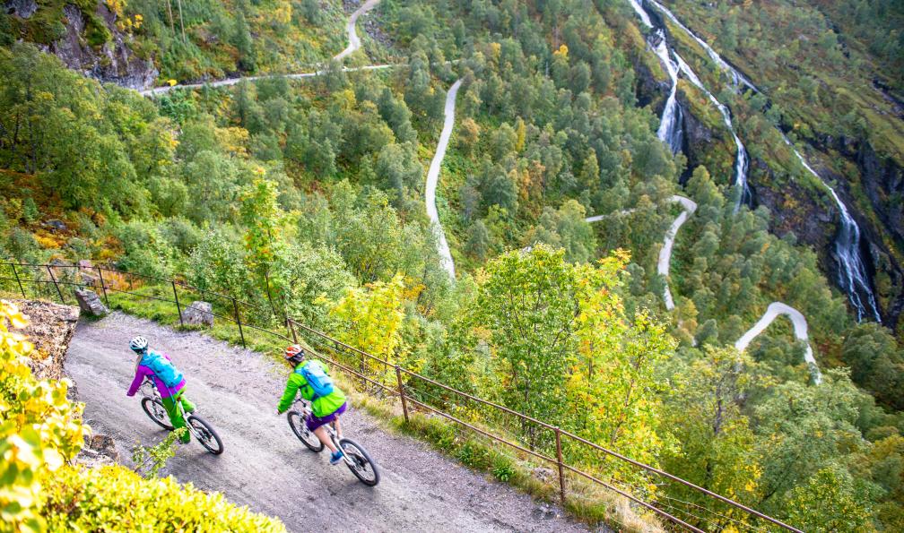 Hjørnevik - Sverre - Norway's Best AS - Cyclistes sur un chemin en VTT avec vue sur la forêt, la cascade d'eau et la route en lacets, Fretheim Hotell, Norvège - Fjords et merveilles - 12