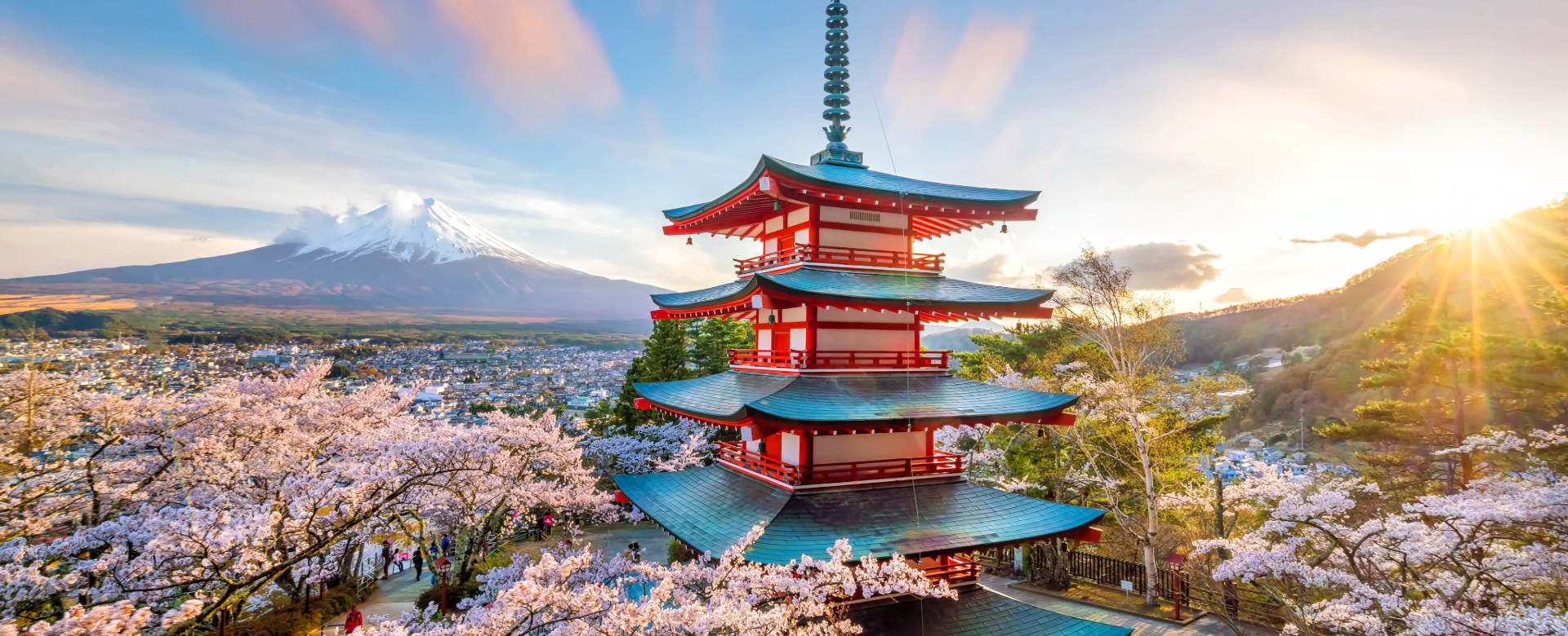 Le mont Fuji et la pagode rouge Chureito avec des cerisiers en fleurs sakura