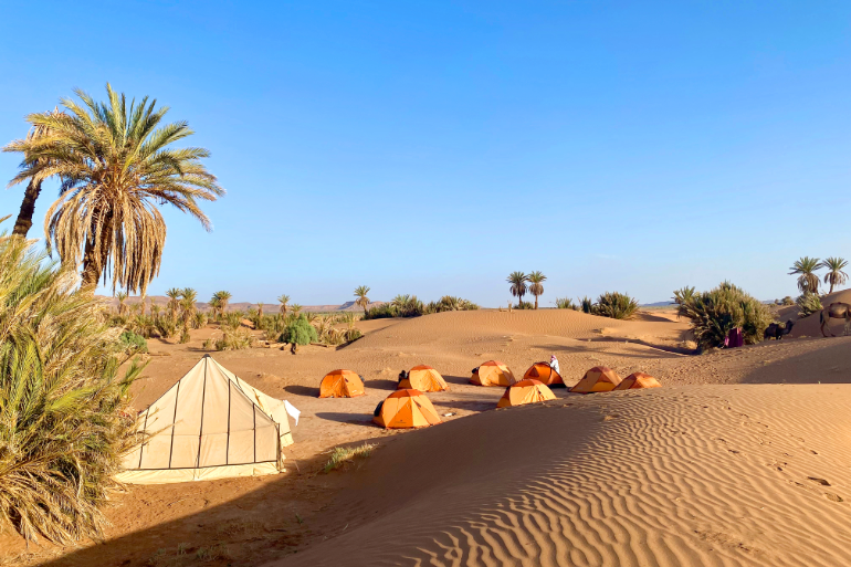 Premier camp entre palmeraie et désert, Maroc