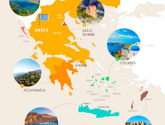 Carte de la Grèce avec des bulles photos pour choisir où aller pour son voyage.