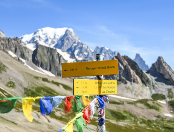 Le Mont-Blanc vu du col de la Seigne, pancartes du GR au premier plan, Alpes, France