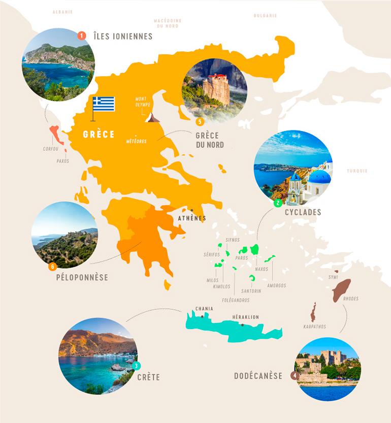 Carte de la Grèce avec des bulles photos pour choisir où aller pour son voyage.